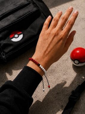Red and White Handmade Pokémon Theme Adjustable String Beaded Bracelet